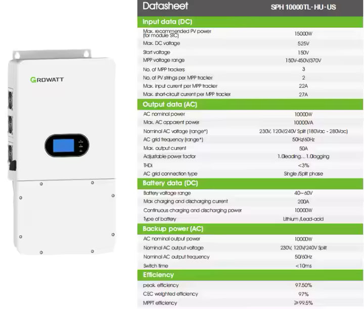 GROWATT 10KW 120V/240V SPLIT PHASE HYBRID INVERTER